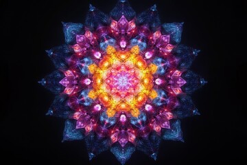 Fototapete - Colorful Mandala Pattern with Vibrant Symmetry and Radiant Glow on Dark Background, Illustrating Intricate Details and Spiritual Aesthetics