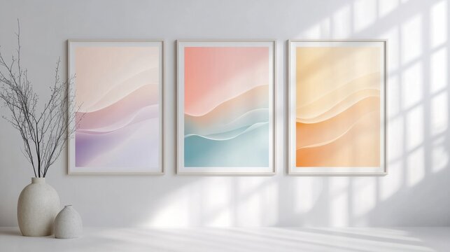 A trio of vertical posters featuring soft gradient patterns with calming pastel shades, perfect for serene interiors, on white
