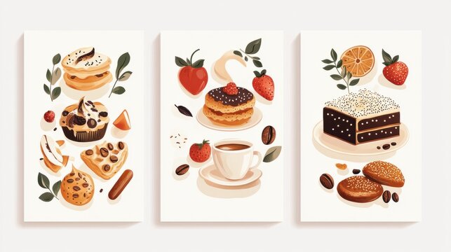 Three vertical posters showcasing food art illustrations like fruits, coffee, and baked goods, creating a cozy vibe, on white