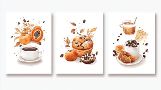 Three vertical posters showcasing food art illustrations like fruits, coffee, and baked goods, creating a cozy vibe, on white