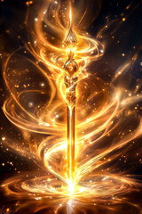Poster - A luminous scepter hovers in a dark void, radiating energy and surrounded by golden swirls and sparkling light