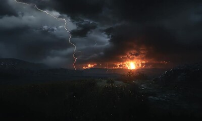 Wall Mural - A dramatic stormy landscape with lightning, dark clouds, and distant fire illuminating the scene.
