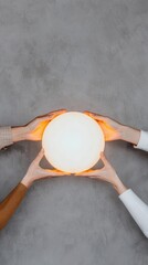 Fototapete - Two pairs of hands hold a glowing circular object against a textured background, symbolizing collaboration and unity.