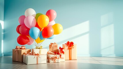 Poster - A delightful collection of colorful balloons and festively wrapped gifts rests on a light wood floor in a sunlit room