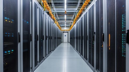 Poster - A long hallway in a server room with rows of computer servers.