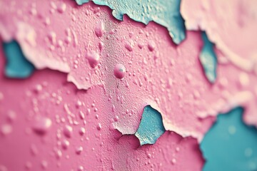 Poster - Abstract Texture of Colorful Paint Peeling Off Wall with Droplets, Showcasing Vibrant Pink and Blue Layers and Interesting Patterns Created by Worn Surfaces
