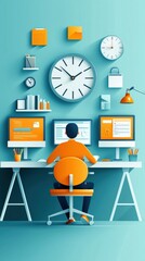 Poster - Modern Workspace Scene Featuring a Person at a Desk with Two Monitors, Orange Accents, Clocks, and Office Supplies on a Teal Background