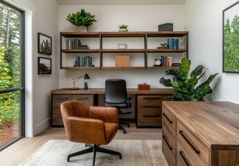 Wall Mural - Modern Home Office Interior Design with Wooden Furniture, Cozy Armchair, Shelves Filled with Plants, and Large Windows Offering Natural Light