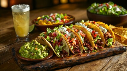 Wall Mural - Delicious Beef Tacos Guacamole Margarita Feast