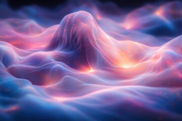 Fototapete - Abstract landscape with ethereal waves and glowing particles in vibrant colors, reminiscent of a dreamlike atmosphere and mystical scenery for creative projects.