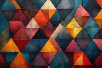 Poster - Abstract geometric pattern of colorful triangular shapes in a vibrant arrangement, showcasing shades of blue, red, yellow, and orange for a modern artistic touch.