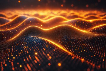 Fototapete - Abstract Digital Landscape with Glowing Orange Waves and Sparkling Particles Creating a Mesmerizing Visual Experience of Fluid Movement and Light