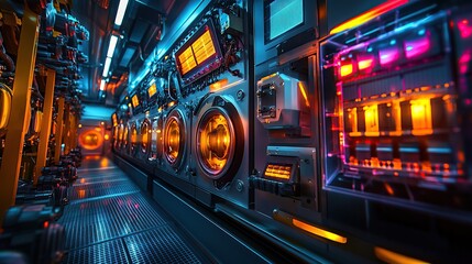Poster - A futuristic industrial corridor with glowing machinery and control panels.