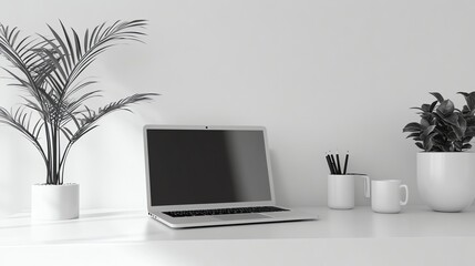 Poster - A black and white photo of a minimalist home office workspace.