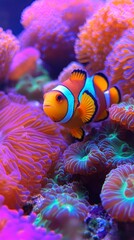 Poster - Bright clownfish explore a colorful underwater world filled with vivid coral in a well-maintained aquarium. The atmosphere is lively and filled with dynamic colors, creating a serene environment