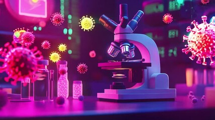 Poster - Colorful laboratory environment showcasing advanced microscope with floating virus particles and glowing vials