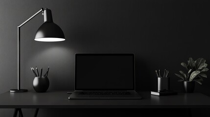 Poster - A minimalist home office with a laptop on a desk, a plant, lamp, a framed picture, and books.