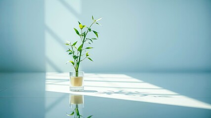 Sticker - Serene Minimalist Still Life A Single Plant in a Glass Vessel on a Bright Surface with Subtle Light and Shadow Effects