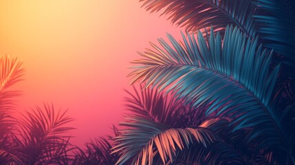 Poster - In a lush tropical garden, vibrant palm leaves stretch towards the colorful sky as the sun sets. The stunning blend of orange, pink, and purple creates a tranquil yet enchanting atmosphere