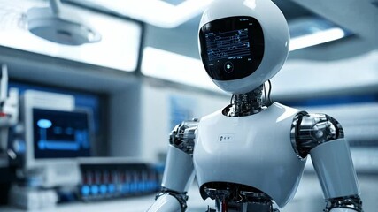 Poster - Futuristic humanoid robot stands in a high-tech laboratory surrounded by advanced equipment