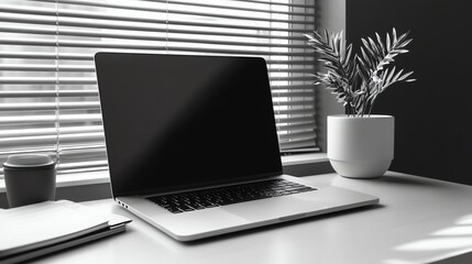 Poster - A laptop computer sits on a white desk with a potted plant, a lamp, and a coffee mug.