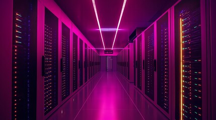 Poster - A long hallway in a server room with rows of computer servers.