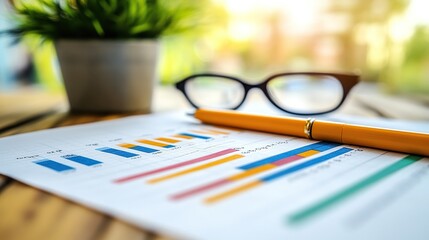 Poster - A close-up of a report with graphs, glasses, and a pen on a table.