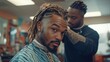 © STOCK MANIA - A barber styles a man's hair in a barbershop, creating a new look with a fade and intricate designs in his locs.