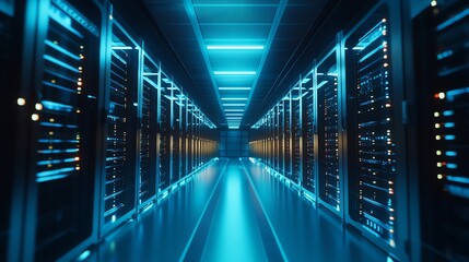 Poster - A long hallway in a server room with rows of computer servers.