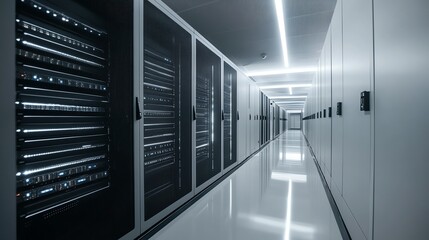 Poster - A long hallway in a server room with rows of computer servers.