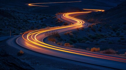 Poster - The winding road through the desert is illuminated by the streaming lights of passing cars creating a mesmerizing scene.