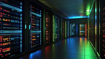 Poster - A long hallway in a server room with rows of computer servers.