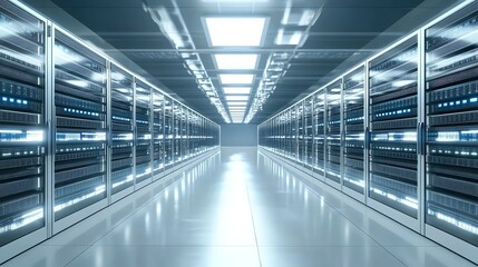 Poster - A long hallway in a server room with rows of computer servers.