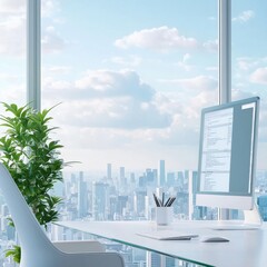 Aufkleber - modern office interior with large windows showcasing cityscape view, lush green plant, and minimalis