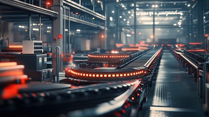 Poster - A modern industrial facility with illuminated conveyor belts for processing goods.