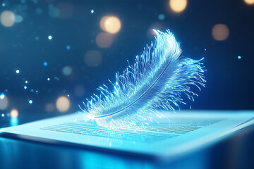 Poster - A luminous blue feather floats above a patterned surface, emitting a magical and ethereal glow in a serene setting