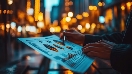 Poster - A person analyzing data on a report amidst a cityscape at dusk.