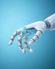 Poster - Futuristic Robot Hand with Advanced Technology Elements on a Blue Background Showcasing Innovation and Precision in Modern Robotics and Automation Systems