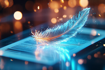 Poster - A radiant blue feather glimmers on a smooth surface, illuminated by soft glowing particles in a dark setting