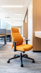 Poster - bright orange ergonomic chair in modern open office space with natural light and stylish wooden acce