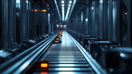 Poster - A conveyor system in a modern industrial setting with blue lighting.