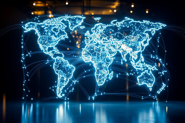 Poster - A glowing map illuminates continents and links in a dark space, highlighting global interconnectivity and tech