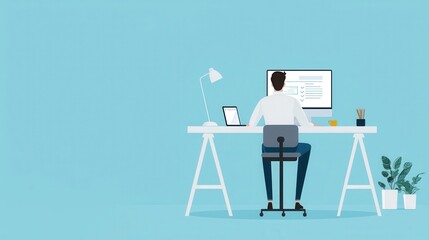 Poster - Young man working at a modern desk with computer, tablet, and plants in a bright, minimalist home office environment focused on digital tasks and productivity.