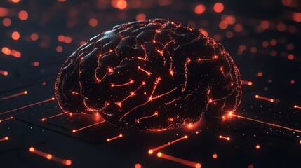 Poster - A 3D model of a human brain with glowing neurons.