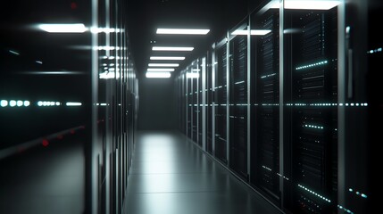 Poster - A long hallway of servers in a server room, lit with white lights.