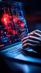 Poster - hands typing on laptop with colorful digital code display representing cybersecurity, technology, an