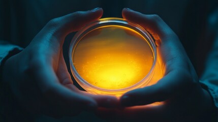 Poster - Warm golden light emanates from a small container held delicately in hands, creating a soothing glow against the cool darkness of night. The ambiance invites contemplation and wonder