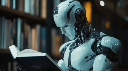 Poster - In a contemporary library, a hyper-realistic robot intently reads a book, embodying curiosity and wisdom in its sleek design. Soft lighting enhances the atmosphere of exploration