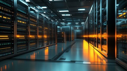 Poster - A long hallway with server racks lit by orange lights.