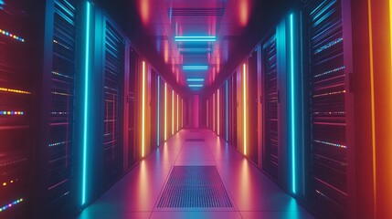 Poster - A long hallway of servers, lit with a neon purple, blue and orange light.
